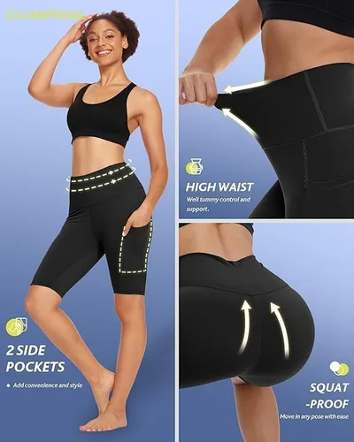 Miniatura 2 de CAMPSNAIL Paquete de 4 pantalones cortos de ciclismo para mujer con bolsillos 5"8" cintura alta control de abdomen entrenamiento gimnasio yoga
