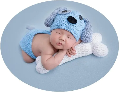 Miniatura 2 de Traje de bebé recién nacido, accesorios para fotos, trajes de ganchillo de punto azul con gorro de perro, pantalones cortos con hueso para niños