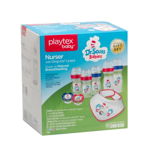 Miniatura 4 de Set de regalo Playtex Baby Dr. Seuss para recién nacidos con 5 biberones (3X 4Oz, 2X 8Oz), 2 chupetes Binky, 60 forros desechables y babero, Set