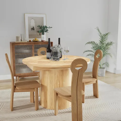 Miniatura 8 de Mesa de comedor redonda extensible de 43.3-59 pulgadas para 4-6-8, puerta corredera de madera estriada, mesa de cocina ovalada moderna, base