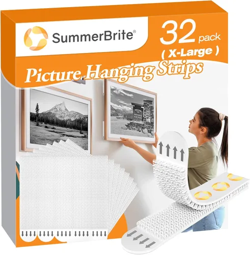Tiras Grandes para Colgar Cuadros de Servicio Pesado (XL/16 Libras) 16 Pares/32 Tiras Sin Daños en la Pared, Colgadores Adhesivos para Cuadros Sin