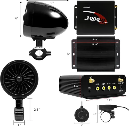 Miniatura 4 de GoHawk Sistema de Audio y Amplificador de Bocinas para Motocicleta, 1000W Bluetooth Impermeable Sistema de Radio de Audio de 4 Pulgadas Radio FM USB