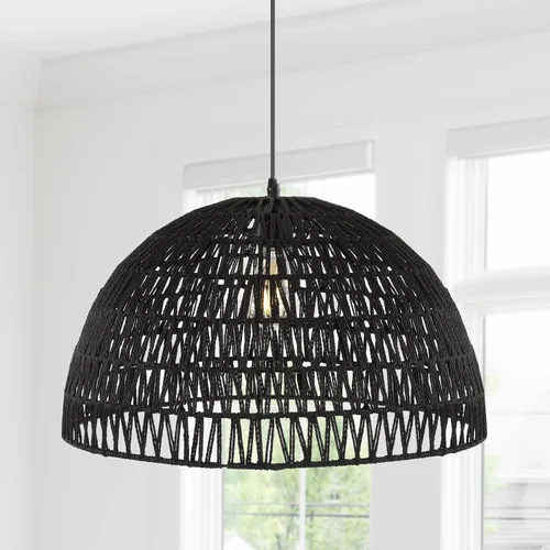 Miniatura 7 de JONATHAN Y JYL6504C Lámpara Colgante de Cúpula Tejida de 20", Luminaria Colgante Bohemia de Granja con Altura Ajustable para Isla de Cocina, Negro