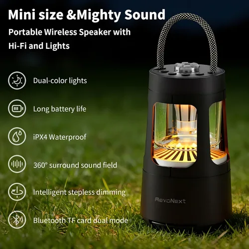 Miniatura 4 de Revonext - Linterna de campamento con altavoz Bluetooth, altavoz inalámbrico impermeable para exteriores con luz ambiental de doble color, altavoz