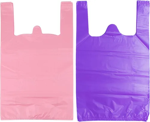 LazyMe Bolsas para camisetas de plástico con asas a granel, bolsas de plástico para negocio, 12 x 20 pulgadas (rosa, 50 unidades, morado, 50