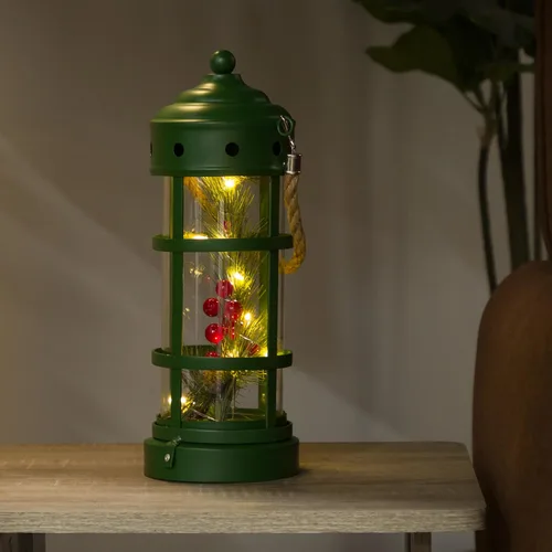 Miniatura 12 de Alpine Corporation Farol de Navidad de metal y vidrio de 13 pulgadas de alto con 8 luces LED blancas cálidas, temporizador integrado, decoración