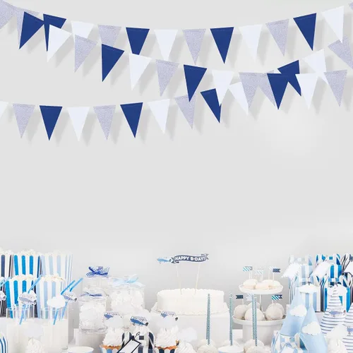 Miniatura 5 de Decoraciones de fiesta de 30 pies azul marino, blanco y plateado, bandera triangular azul real, pancarta banderín para graduación, cumpleaños, boda