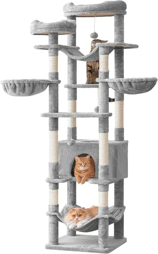 Miniatura 10 de Árbol para gatos de 77 pulgadas de alto, torre grande de varios niveles para gatos con 4 hamacas, 2 perchas acolchadas, condominio para gatos, Beige