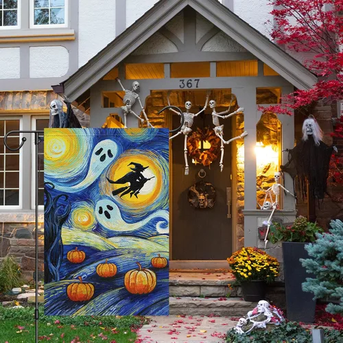 Miniatura 2 de Louise Maelys Bandera de jardín de calabaza de Halloween de 12 x 18 pulgadas, doble cara, arpillera, pequeña, noche estrellada, fantasma, bruja
