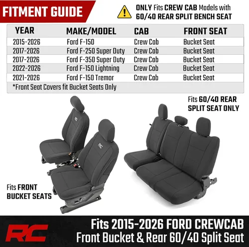 Miniatura 4 de Rough Country Fundas de asiento de neopreno para Ford F-150, Lightning, F-250 y F-350 con cabina doble (2015-2025) con asiento tipo cubo delantero