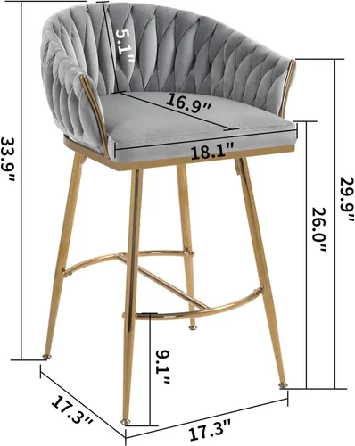 Miniatura 2 de Juego de 2 taburetes de bar de altura de mostrador de 26 pulgadas, taburete de bar de terciopelo para isla de cocina con respaldo ondulado, base Gris
