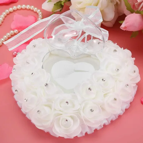 Miniatura 8 de TOPINCN Almohada de boda, soporte de caja de corazón de boda, romántica en forma de corazón, caja de boda, decoración de rosa, cojín de almohada