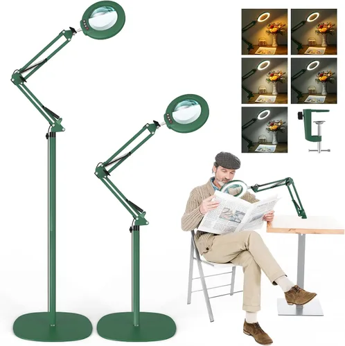 Miniatura 9 de Lupa 12X con luz y soporte, lente de cristal real (no acrílica), 5 modos de color, regulable continuo, lámpara de pie LED 3 en 1, brazo oscilante