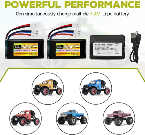 Miniatura 2 de sea jump Batería Lipo de 2 piezas 7.4V 600mAh 35C 2S con enchufe Molex y cargador 1trailer2 adecuado para FMS FCX24 RC coches, camiones, vehículos
