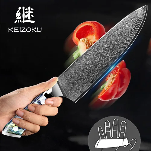 Miniatura 7 de Cuchillo de chef de acero de Damasco de 8 pulgadas, hoja profesional japonesa 10Cr15MOV con patrón de martillo forjado a mano, cuchillo de cocina
