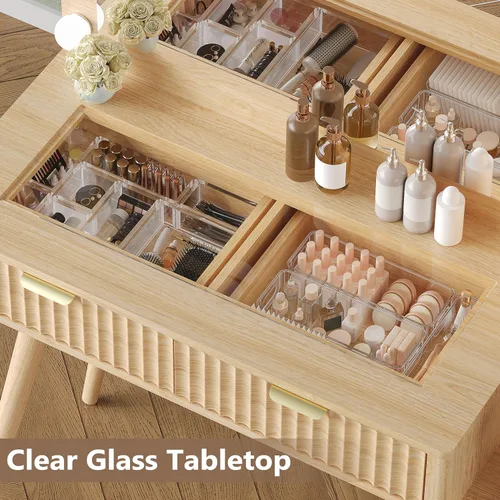 Miniatura 4 de Escritorio de tocador de maquillaje con espejo y luces, escritorio de madera estriada de 45 pulgadas con parte superior de cristal, 5 cajones y Roble