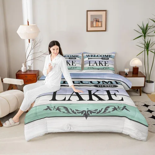 Miniatura 3 de Juego de ropa de cama King para casa del lago, juego de edredón de paleta de madera retro para regalos para amantes del lago, inserto de edredón