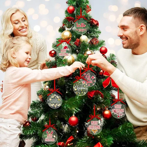 Miniatura 2 de Blulu 42 piezas de adornos acrílicos en blanco, adornos redondos transparentes, guirnalda plana de Navidad, adorno colgante con agujero y cinta