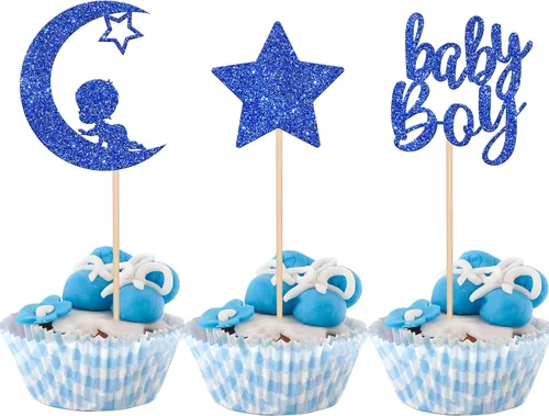 24 piezas de adornos para cupcakes para bebé niño con purpurina luna, estrella, baby shower, revelación de género, cupcakes para celebrar cumpleaños