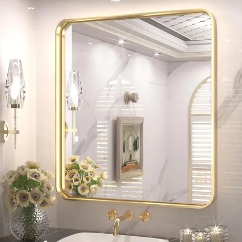 Miniatura 50 de TETOTE Espejo de marco dorado cepillado de 16 x 24 pulgadas, espejo de tocador de baño de latón dorado para pared, espejo enmarcado rectangular
