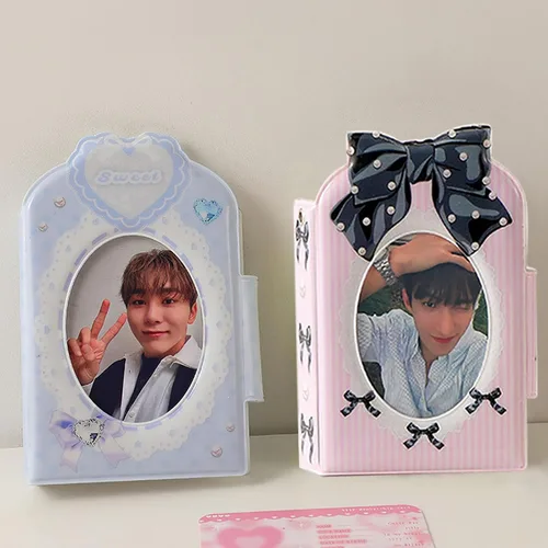 Miniatura 6 de Kpop - Mini álbumes de fotos de 3 pulgadas, 40 bolsillos, soporte para tarjetas fotográficas con lazo, patrón de corbatín, álbum de fotos para Azul