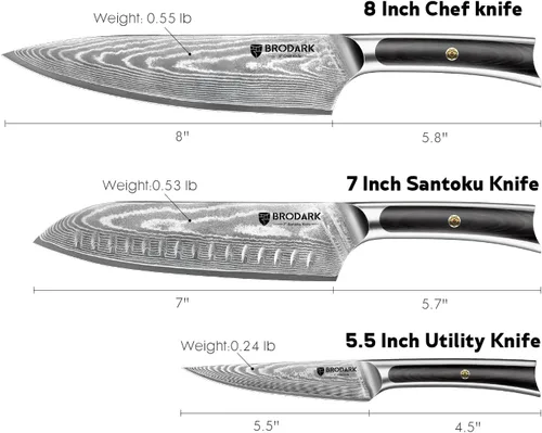 Miniatura 3 de BRODARK Cuchillo de chef de Damasco de 3 piezas, VG10 de acero de espiga completa afilado, juego de cuchillos de chef japonés profesional