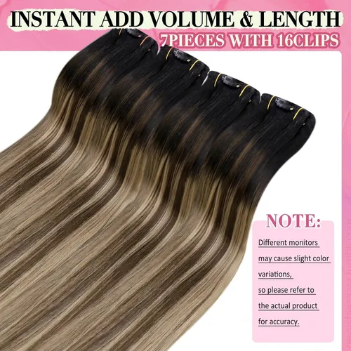 Miniatura 5 de YoungSee Extensiones de cabello humano real con clip, de 20 pulgadas, color negro a marrón con rubio, extensiones de cabello Remy lacio, añade