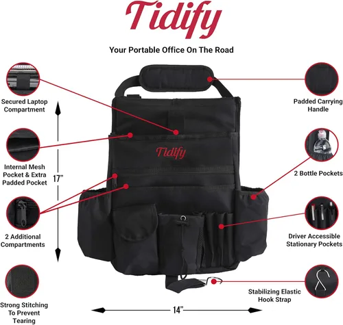 Miniatura 5 de Tidify Organizador de Asiento Delantero de Coche [2025 ACTUALIZADO] con Almacenamiento Dedicado para Tablet y Laptop, Correas Laterales
