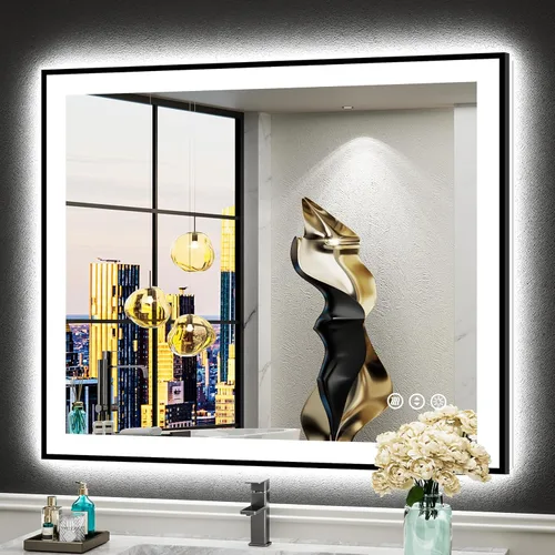 Miniatura 36 de 30x36 Espejo de baño LED con luces, retroiluminado y luz frontal, espejo de tocador iluminado antivaho para pared de baño, 3 colores, regulable