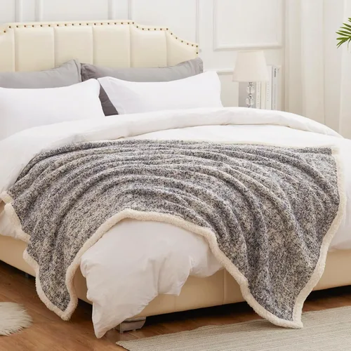 Miniatura 7 de SE SOFTEXLY Manta reversible de sherpa con 30% lana y 70% algodón, manta suave y esponjosa, manta de otoño e invierno para sofá, cama, silla