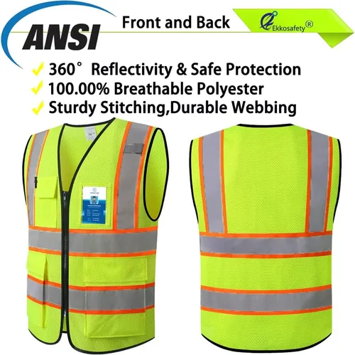 Miniatura 4 de Chaleco de seguridad de malla reflectante para hombres y mujeres, con 5 bolsillos y cremallera frontal, chaleco de malla de alta visibilidad Hi Vis