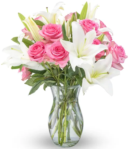 Benchmark Bouquets - Rosas rosas y lirios, jarrón incluido, flores frescas cortadas y cultivadas, regalo para decoración del hogar, cumpleaños,