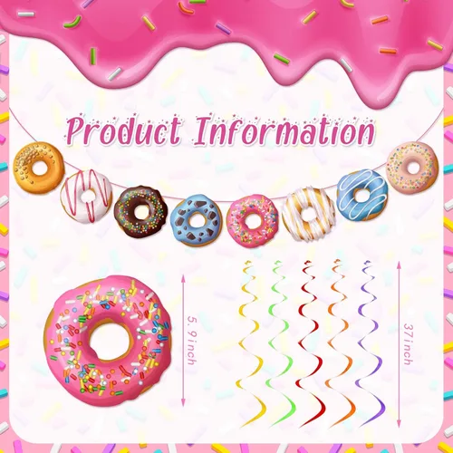 Miniatura 2 de 34 decoraciones de fiesta de donas que incluyen 2 guirnaldas de donas y 32 piezas de donas colgantes para fiesta de cumpleaños, baby shower, regalos