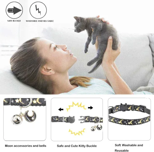 Miniatura 4 de 2 collares de gato con campana, bonitos collares ajustables para gatitos con accesorios (azul negro)
