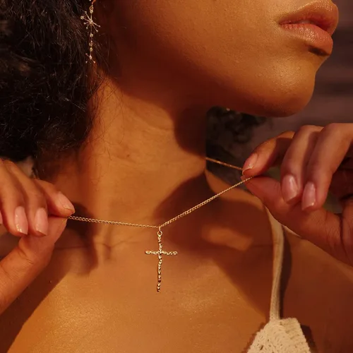 Miniatura 129 de Fettero - Collar con dije de cruz de fe, chapado en oro de 14 K, cadena fina, minimalista, simple, pequeña, para oración, regalo de joyería religiosa