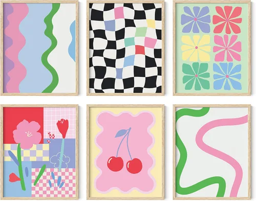 HAUS AND HUES Decoración de habitación pastel danesa enmarcada: juego de 6 impresiones artísticas coloridas para pared, arte floral y abstracto