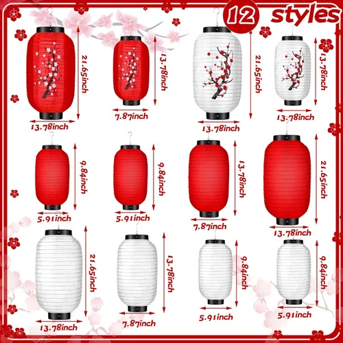 Miniatura 4 de Riakrum 12 faroles colgantes tradicionales japoneses de flores de ciruelo, faroles de papel blanco y rojo, faroles japoneses para decoración