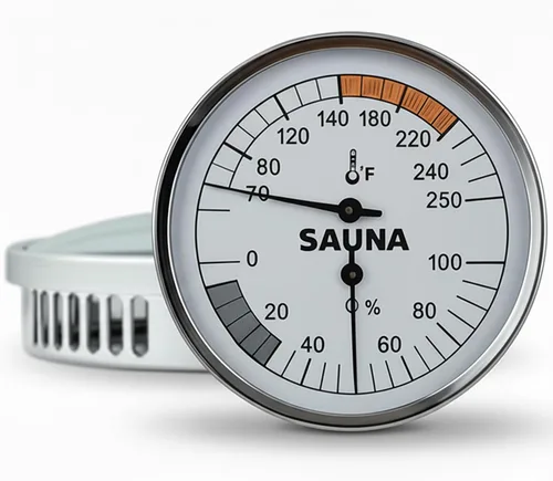 Termómetro mecánico de sauna higrómetro, acero inoxidable y vidrio resistente a la niebla, temperatura 2 en 1 (70-250°F) y humedad (0-100%) calibre