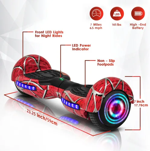 Miniatura 2 de Patineta autoequilibrante con patrón de araña para niños de 6 a 12 años, con altavoz Bluetooth y luces LED, patineta de 6.5 pulgadas, certificación