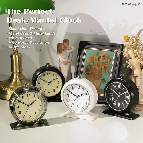 Miniatura 2 de AYRELY® Reloj Despertador Analógico Silencioso de 4 Pulgadas que Funciona con Baterías, Relojes de Escritorio con Luz, Reloj de Mesa de Metal