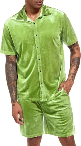Miniatura 2 de LecGee Conjunto de pantalones cortos casuales de verano para hombre, camisa de terciopelo de manga corta con botones, pantalones cortos de cintura