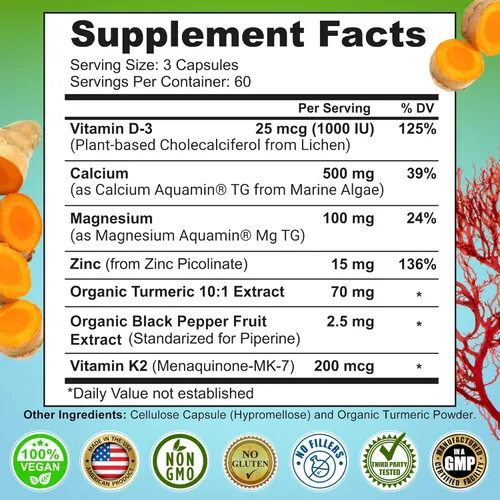 Miniatura 6 de Calcio a base de plantas 500mg (Aquamin) – Calcio vegano, magnesio y zinc con vitamina D3 y vitamina K2 y cúrcuma orgánica – Mejora la salud