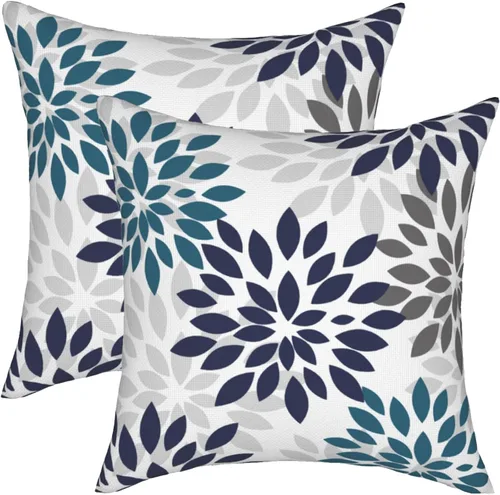 Miniatura 9 de Fundas de almohada azul marino y amarillo de 18 x 18 pulgadas, color verde azulado y gris, funda de almohada moderna con flores de dalia, 2 piezas