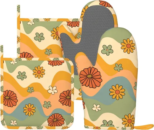 Juego de 4 manoplas de horno y agarraderas de silicona resistentes al calor de los años 70, guantes antideslizantes para cocina, decoración de