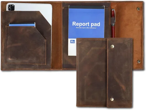 Miniatura 11 de Top Grain Leather - Padfolio de 8.3 pulgadas para hombres y mujeres, diseño vintage hecho a mano, organizador multifuncional de cartera de negocios