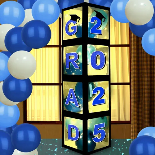 Decoraciones azules para fiestas de graduación 2026, cajas de globos de graduados – 4 cajas de globos negros con 4 cuerdas de luz y letras 2026 Grad