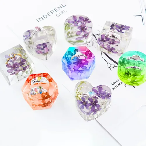 Miniatura 7 de Molde de resina para anillos de 8 cavidades, moldes de silicona para resina epoxi, corazón, redondos, cuadrados hexagonales para exhibir joyas