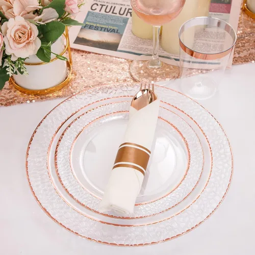 Miniatura 2 de Liacere 350 platos de plástico color oro rosa, platos desechables de rosa transparente, 50 invitados, incluyen 50 platos llanos, 50 platos