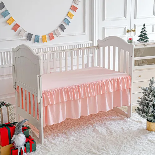 Miniatura 7 de Juego de ropa de cama rosa para cuna, edredón jacquard con lunares copetudos, sábana bajera y falda de cama, bonito bordado, bohemio, shabby chic