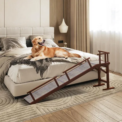 Miniatura 9 de Onelike Rampa de madera para perros con riel lateral extraíble y alfombra antideslizante, escalera estable para mascotas para sofá para perros